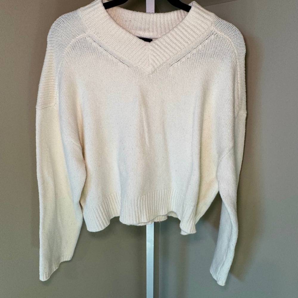 GAP Womens Cream Textured Cotton Blend V-Neck Relaxed Pullover Sweater XS